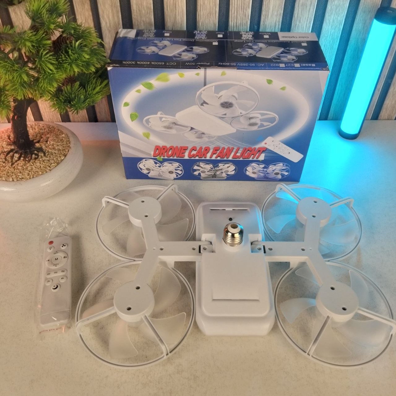Ventilateur de Plafond Lumineux Design Drone E27 avec Télécommande - مروحة إضاءة ذكية بتصميم طائرة درون مع يد تحكم