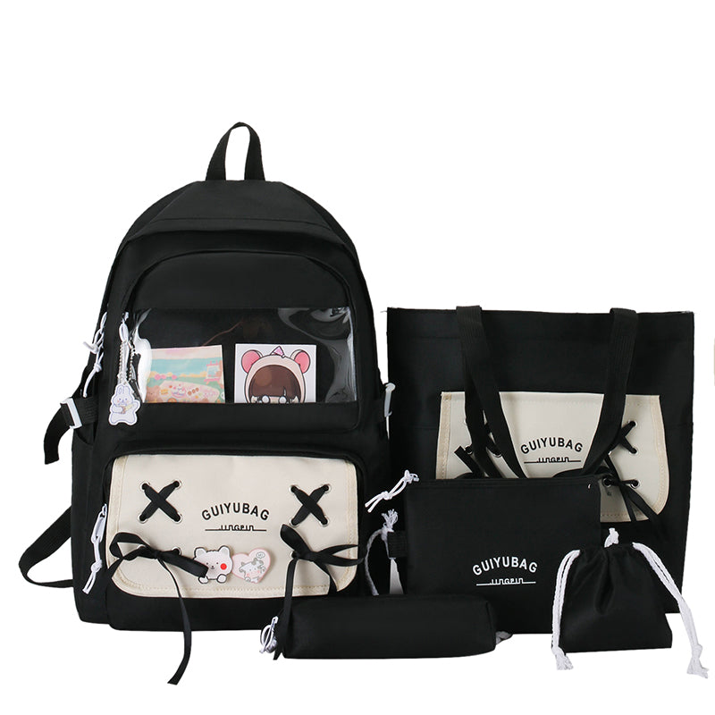 Sac à Dos Multifonctionnel Kawaii Grand Volume Imperméable et Résistant 5Pcs Noir SACKDS11N - حقيبة ظهر بعدة قطع بتصميم كاوايي