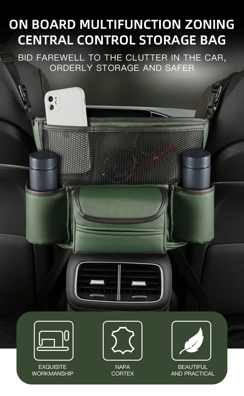 Sac de rangement en cuir pour siège de voiture, cintre central, sac à main automatique, support entre les sièges, poches pour gobelets à eau en tissu, évaluation de rangement