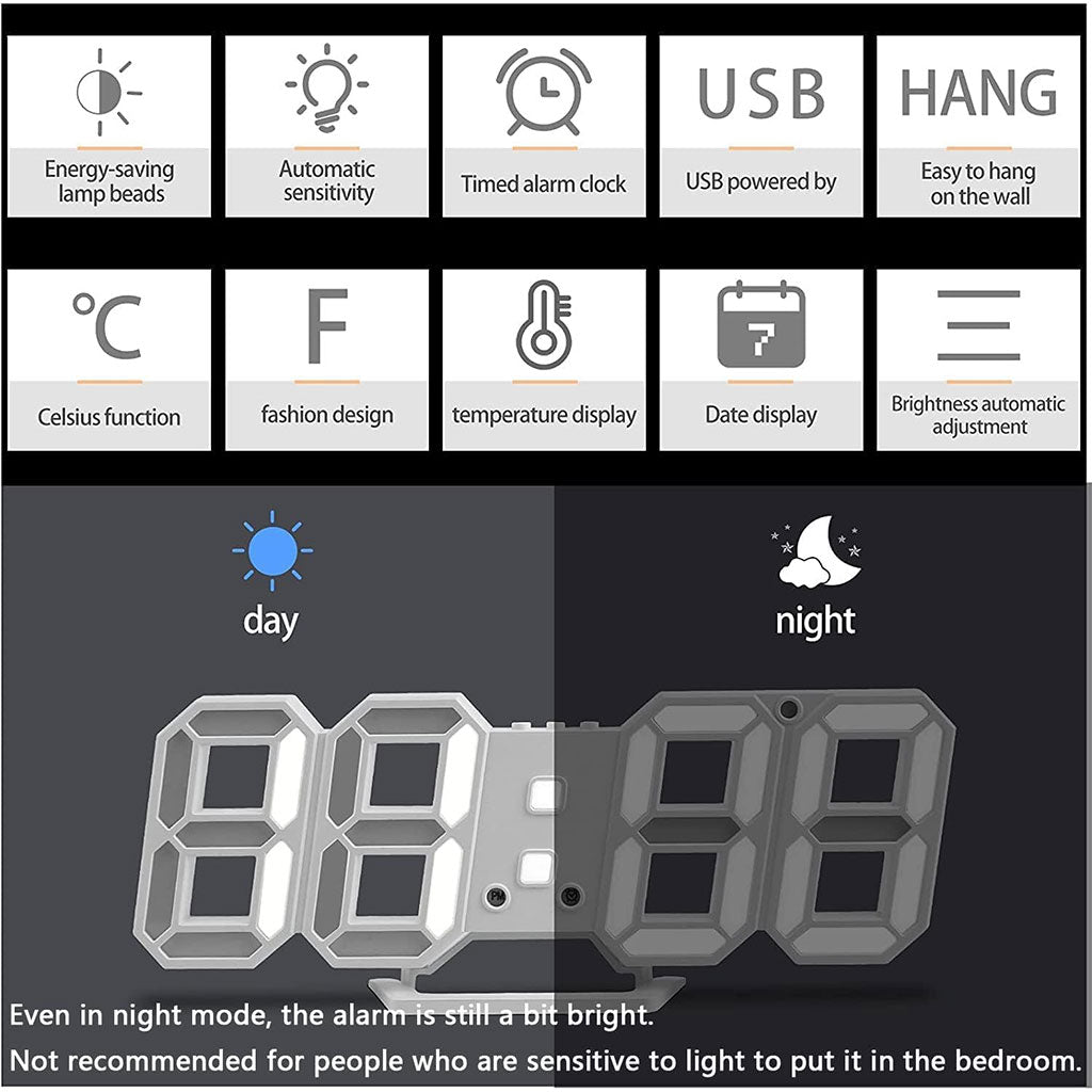 Horloge Murale numérique LED Blanche 3D GH0720L – ساعة رقمية تصميم ثلاثي الأبعاد
