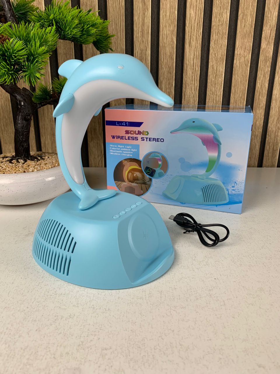 Haut-Parleur Bluetooth Dauphin avec Lampe d’Ambiance LED RGB et Chargeur Sans Fil 15W