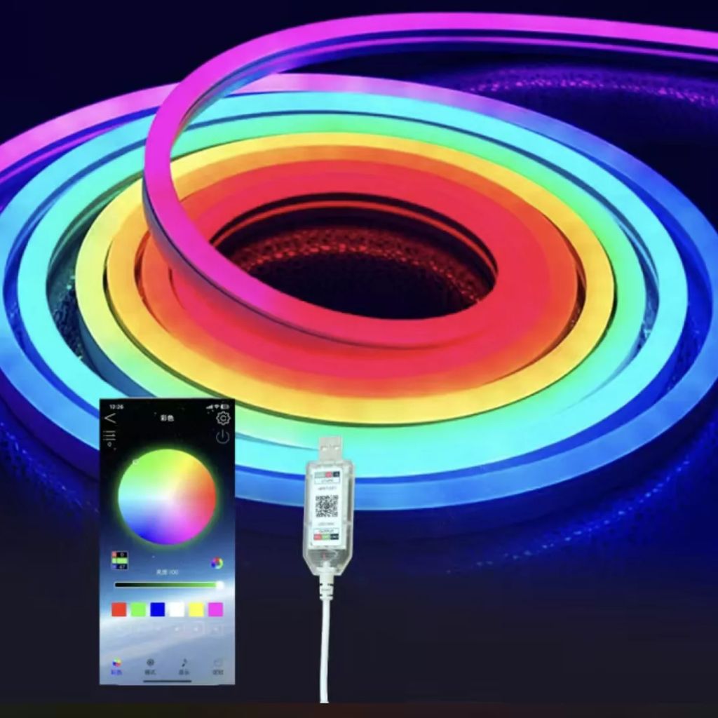 Bande LED Néon Flexible RGB 5m avec Bluetooth et USB – شريط إضاءة نيون مرن بطول 5 أمتار مع بلوتوث