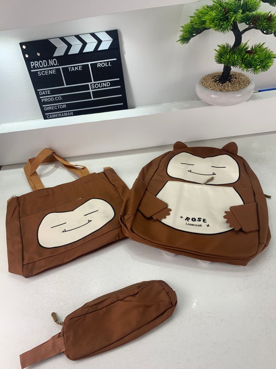 Ensemble de Sacs Snorlax 3Pcs Design Kawaii Marron – حقيبة مدرسية 3 قطع لون بني