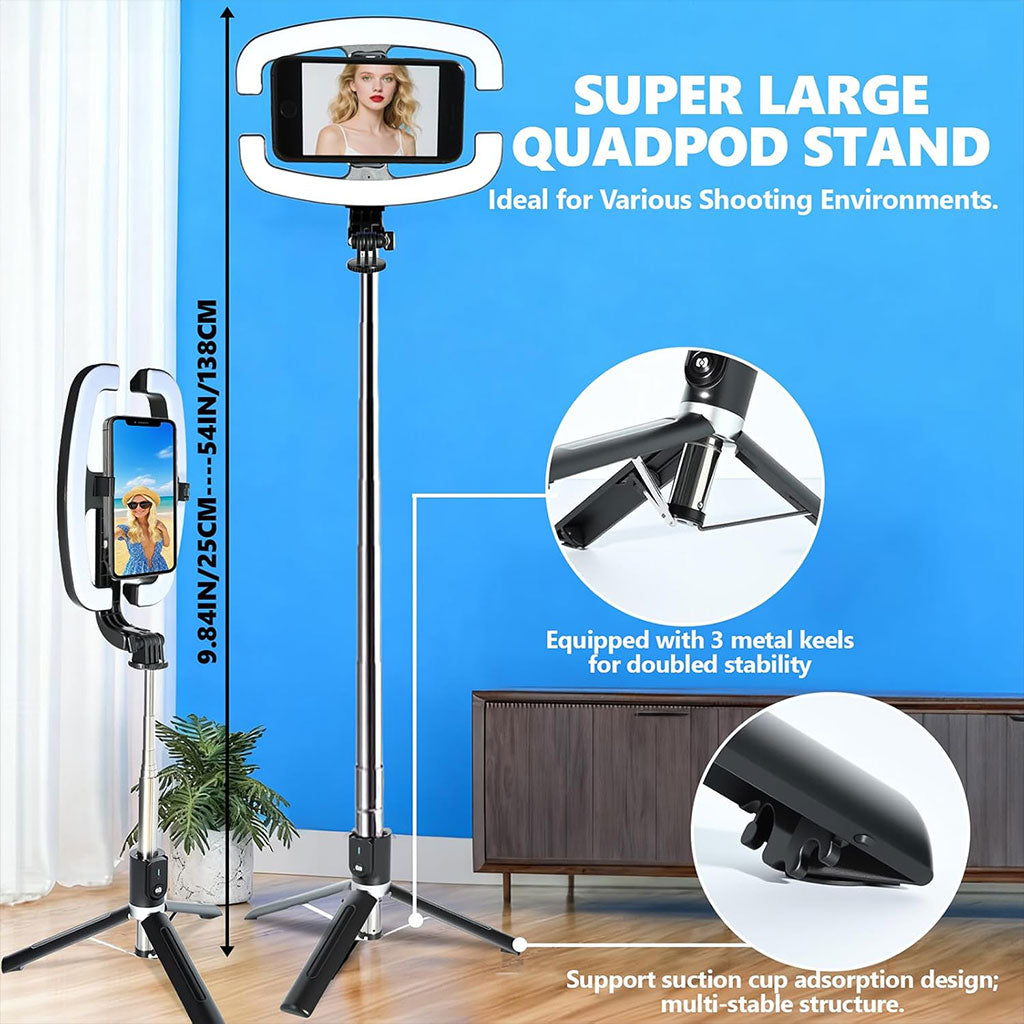 Perche à Selfie Extensible avec Support pour Téléphone et Lampe LED – عصا سيلفي مع إضاءة مدمجة ويد تحكم