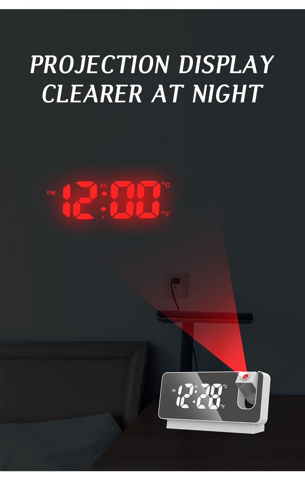 Réveil numérique intelligent avec projecteur 180° TempéRature USB , Snooze