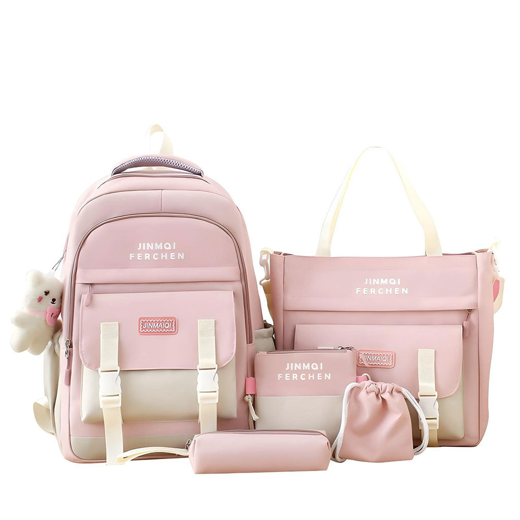 Ensemble de sacs d’école Kawai pour adolescents 5Pcs Bieyoumi Fashion Rose – محفظة 5 قطع كاواي وردي