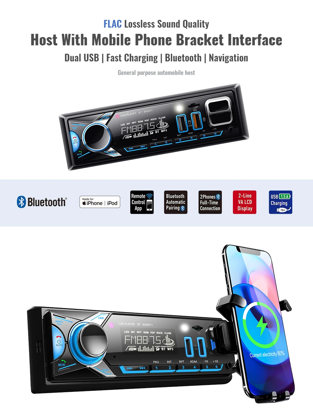 Poste radio BT Avec Support smart-phone intégré 1 Din Radio FM ,SD,TF, 2-USB 12V