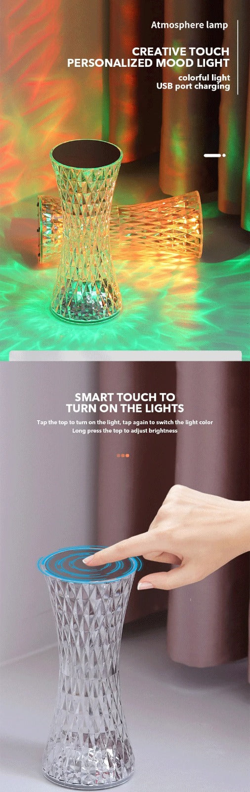 lampe de table en cristal sans fil Tactile Rgb pour chambre