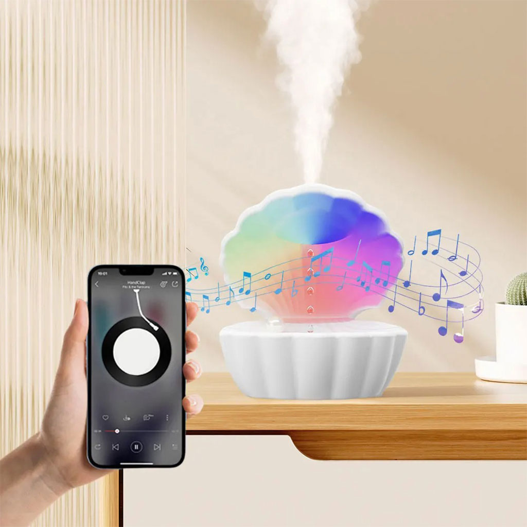 Humidificateur d’air et Haut Parleur BT avec lumière d’ambiance antigravité 550ml – مكبر صوت ومعطر جو على شكل محار البحر
