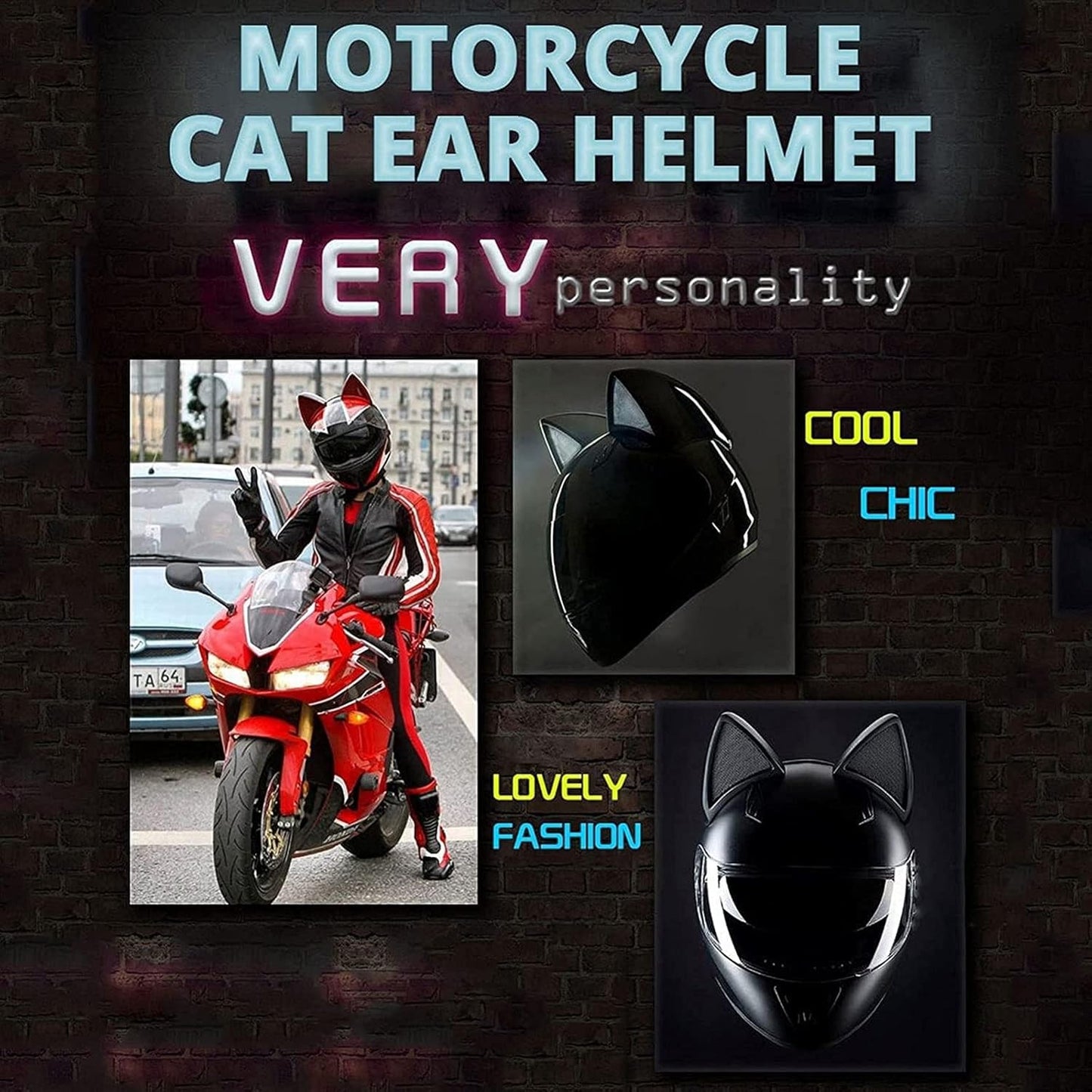 Casque de moto pour femme et fille avec oreilles de chat - خوذة احترافية للنساء