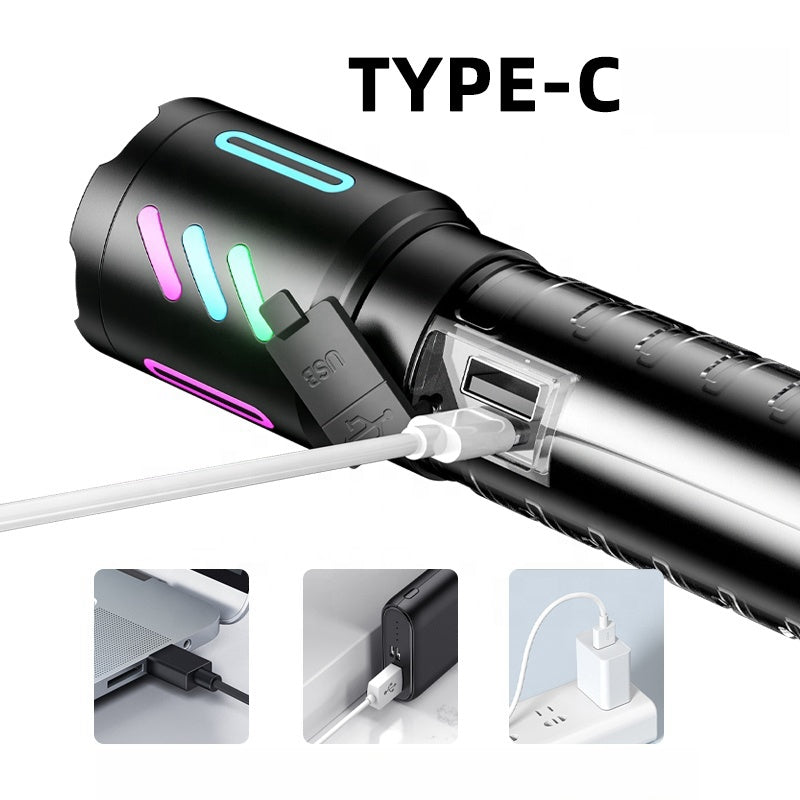 Lampe Torche Tactique LED Rechargeable USB-C - مصباح يدوي تكتيكي فائق السطوع (1000 لومين) مع إضاءة جانبية
