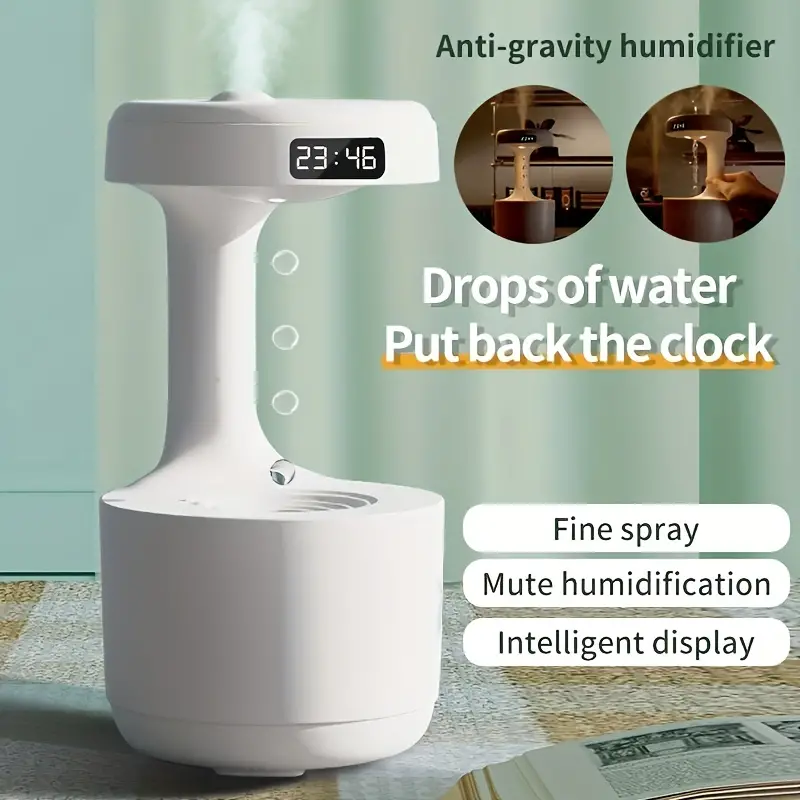 Réveil et Humidificateur d’air gouttelettes d’eau Anti-gravité 800ml - تنزوت