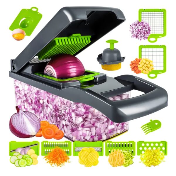 Hachoir à légumes multifonctionnel 14in1 , trancheur, mandoline, hachoir à oignons pour oignon, pomme de terre, tomate, concombre, carotte تنزوت