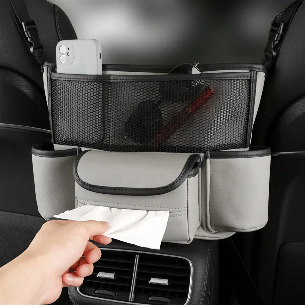 Sac de rangement en cuir pour siège de voiture, cintre central, sac à main automatique, support entre les sièges, poches pour gobelets à eau en tissu, évaluation de rangement
