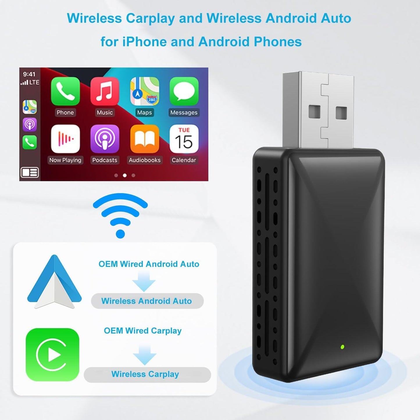 Adaptateur sans fil Android pour voiture Carplay et Android Auto - محول "كاربلاي" اللاسلكي 2 في 1