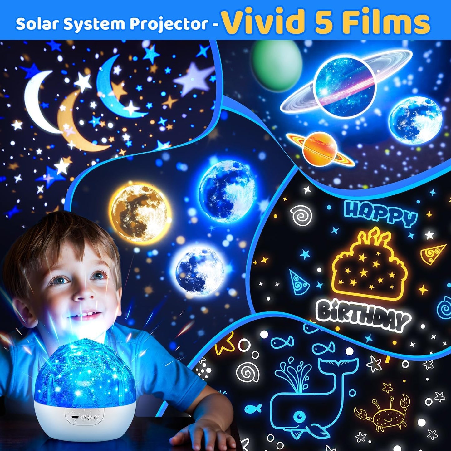 Projecteur Veilleuse Système Solaire pour Enfants Rotation à 360° + 5 Films Planètes - جهاز عرض النجوم "ستار-دريم" للأطفال