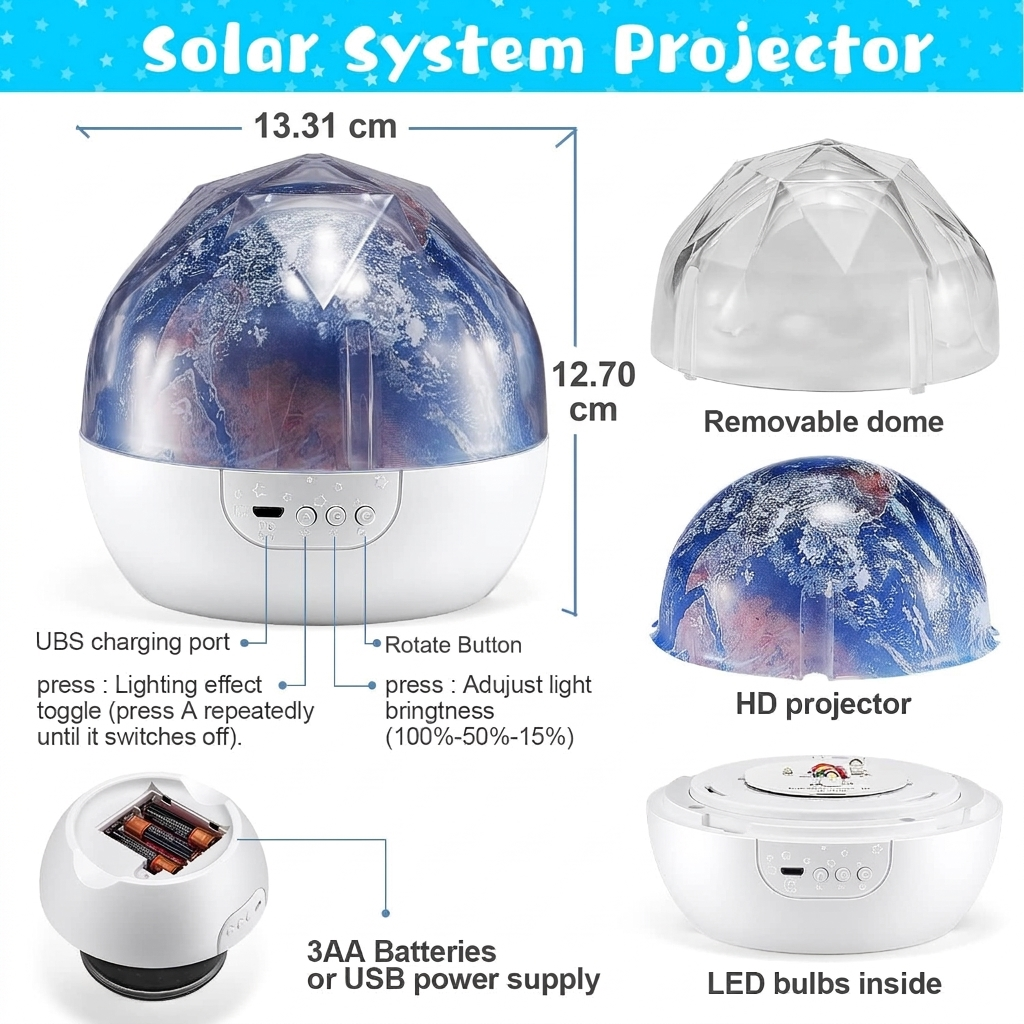 Projecteur Veilleuse Système Solaire pour Enfants Rotation à 360° + 5 Films Planètes - جهاز عرض النجوم "ستار-دريم" للأطفال