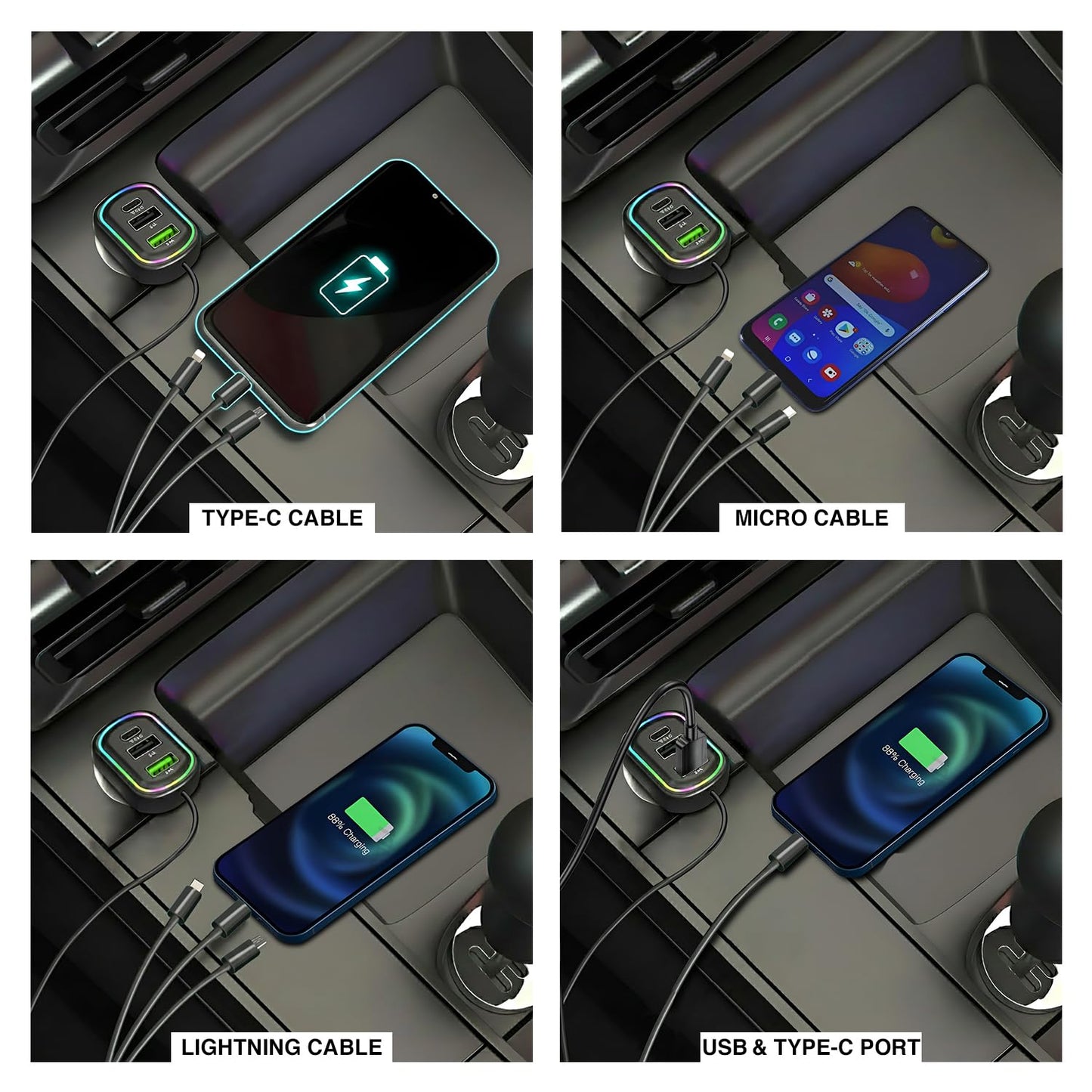 Chargeur de voiture à 3 ports avec câble de charge 3 en 1 intégré (Lightning/Type-C/Micro USB) - شاحن سيارة