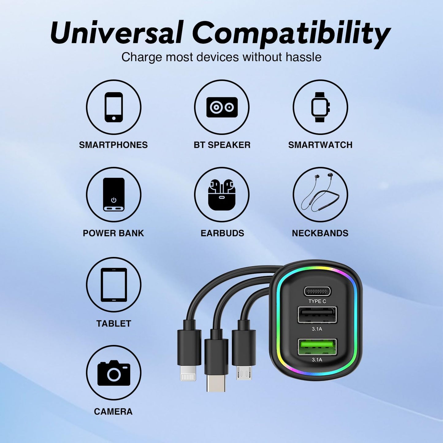 Chargeur de voiture à 3 ports avec câble de charge 3 en 1 intégré (Lightning/Type-C/Micro USB) - شاحن سيارة
