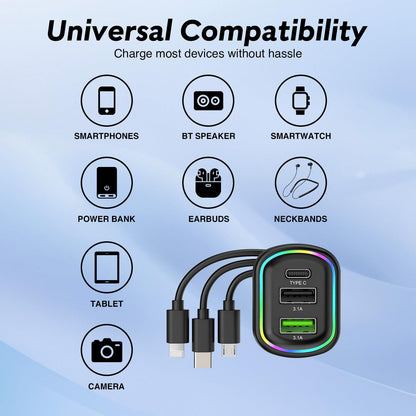 Chargeur de voiture à 3 ports avec câble de charge 3 en 1 intégré (Lightning/Type-C/Micro USB) - شاحن سيارة