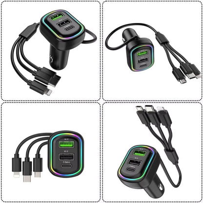 Chargeur de voiture à 3 ports avec câble de charge 3 en 1 intégré (Lightning/Type-C/Micro USB) - شاحن سيارة