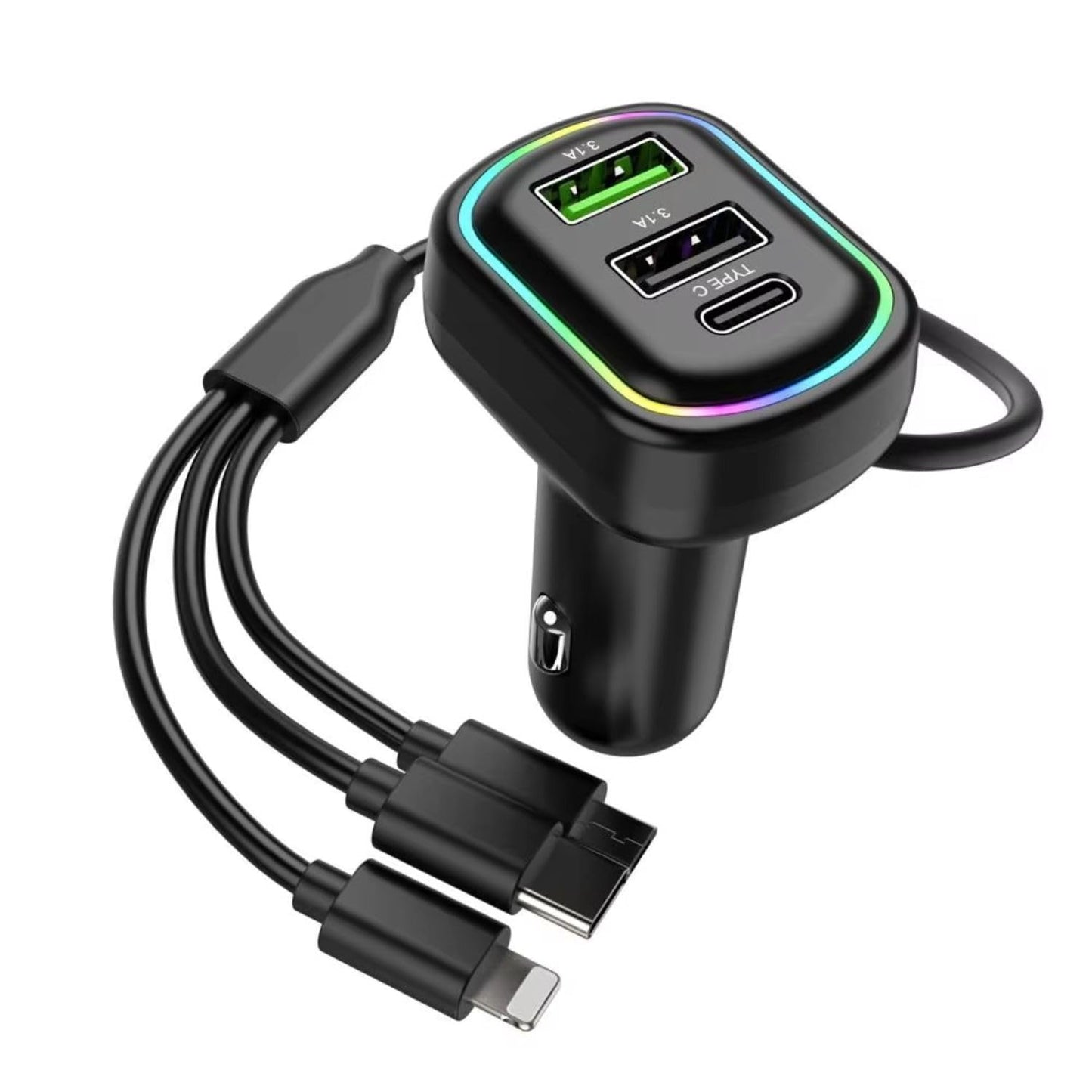 Chargeur de voiture à 3 ports avec câble de charge 3 en 1 intégré (Lightning/Type-C/Micro USB) - شاحن سيارة