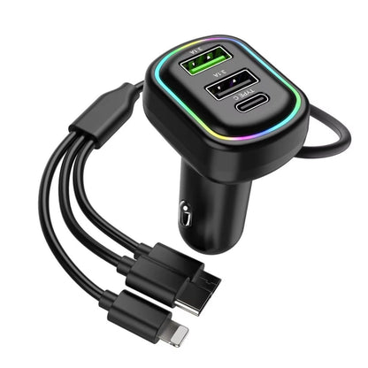 Chargeur de voiture à 3 ports avec câble de charge 3 en 1 intégré (Lightning/Type-C/Micro USB) - شاحن سيارة