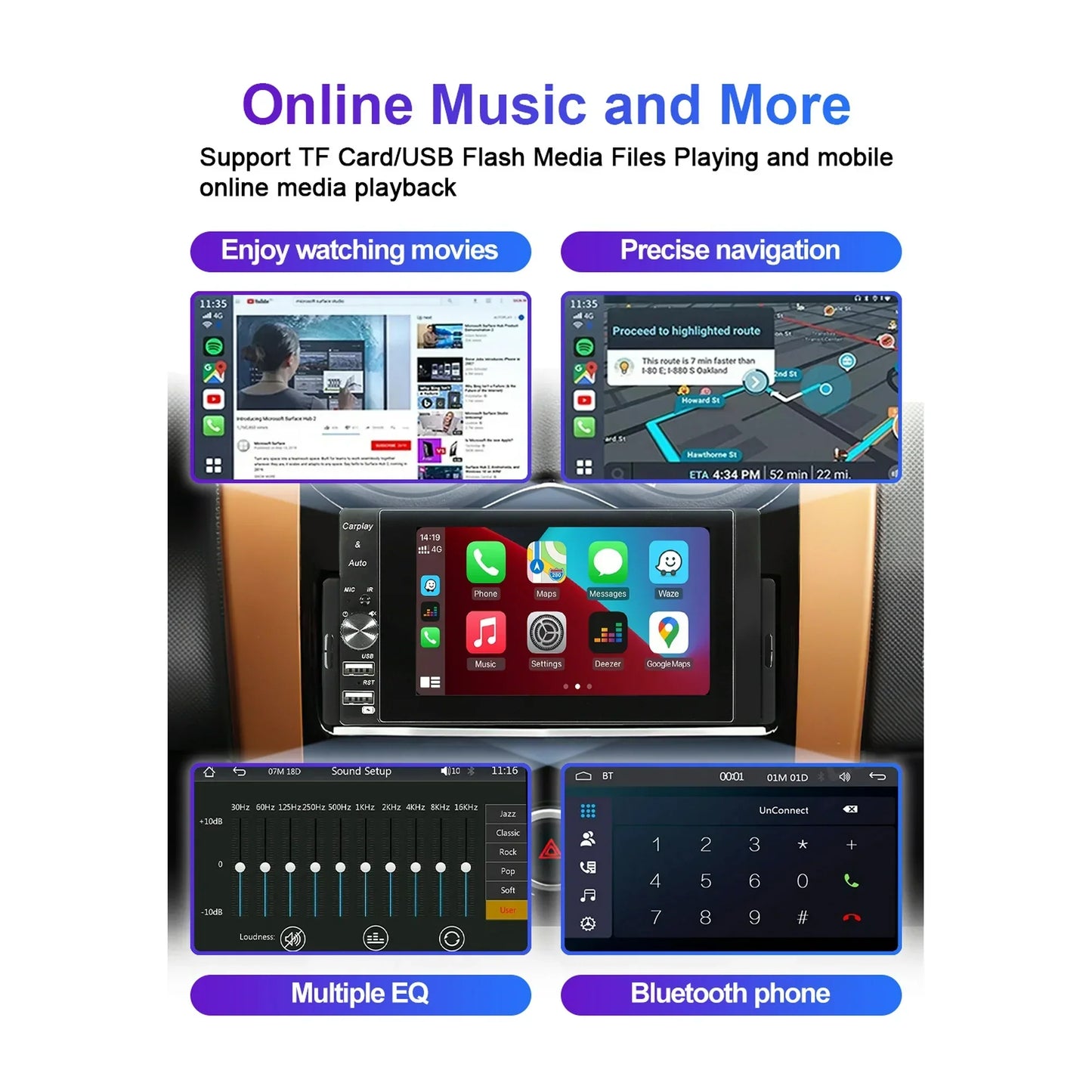 Autoradio 1 DIN MP5 Player Carplay et Android Auto Full HD - مشغل راديو للسيارة