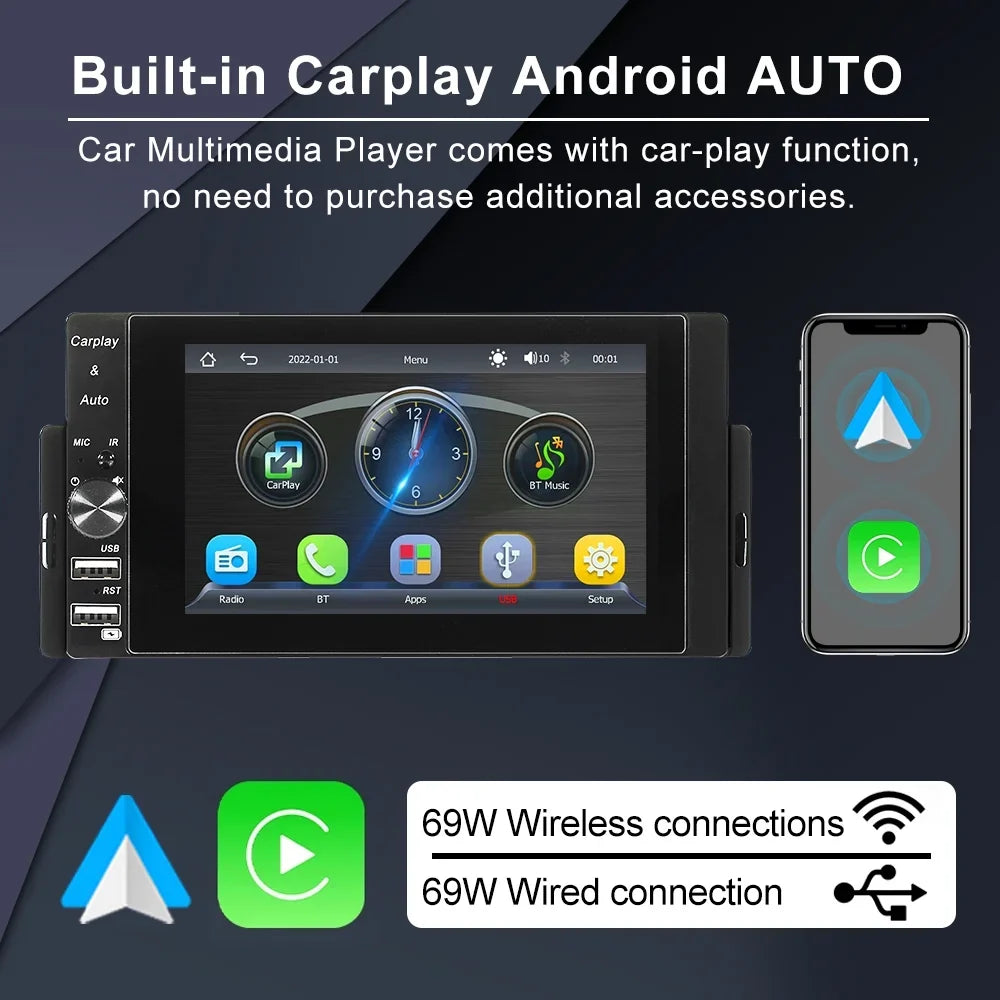 Autoradio 1 DIN MP5 Player Carplay et Android Auto Full HD - مشغل راديو للسيارة