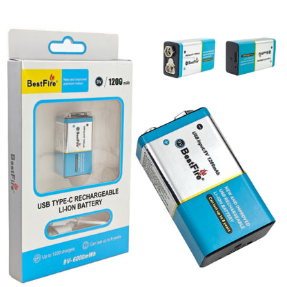 Pile rechargeable USB type C 9V 1200mWh en lithium BestFire - بطارية ليثيوم قابلة لإعادة الشحن تنزوت