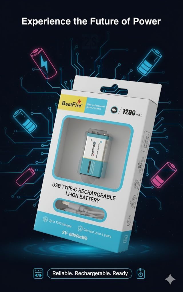 Pile rechargeable USB type C 9V 1200mWh en lithium BestFire - بطارية ليثيوم قابلة لإعادة الشحن
