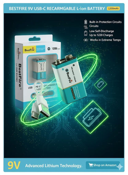 Pile rechargeable USB type C 9V 1200mWh en lithium BestFire - بطارية ليثيوم قابلة لإعادة الشحن