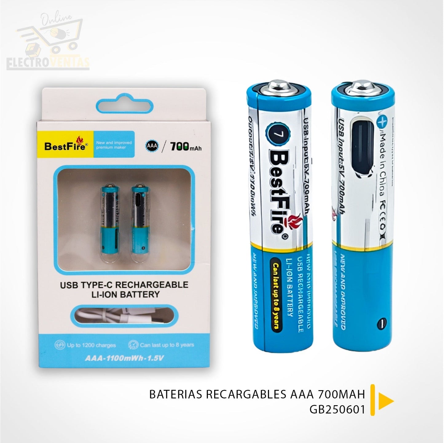 Pile rechargeable USB type C AAA 700mWh en lithium BestFire - بطارية ليثيوم قابلة لإعادة الشحن تنزوت