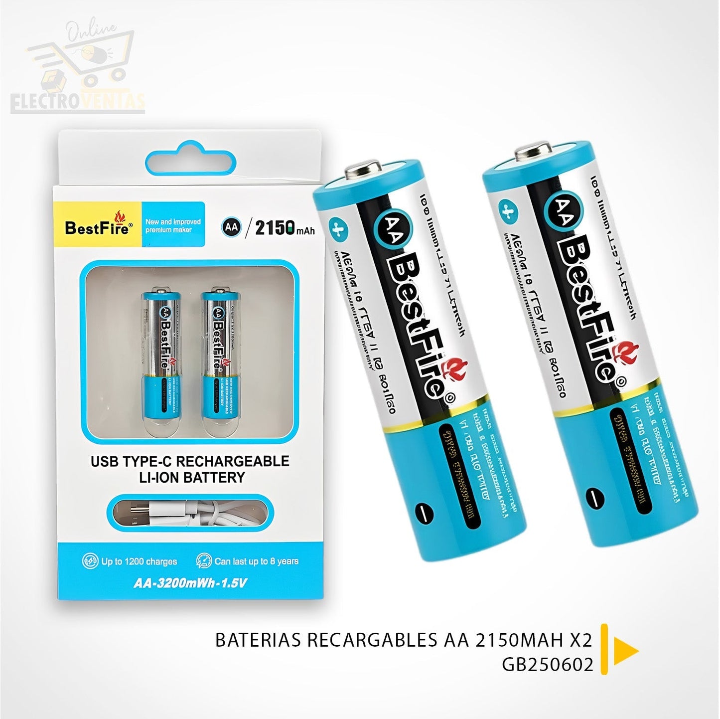 BestFire AA USB Type-C 2150mAh Rechargeable Li-ion Battery - 3200mWh(1.5V) - بطارية ليثيوم قابلة لإعادة الشحن تنزوت