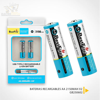 BestFire AA USB Type-C 2150mAh Rechargeable Li-ion Battery - 3200mWh(1.5V) - بطارية ليثيوم قابلة لإعادة الشحن تنزوت