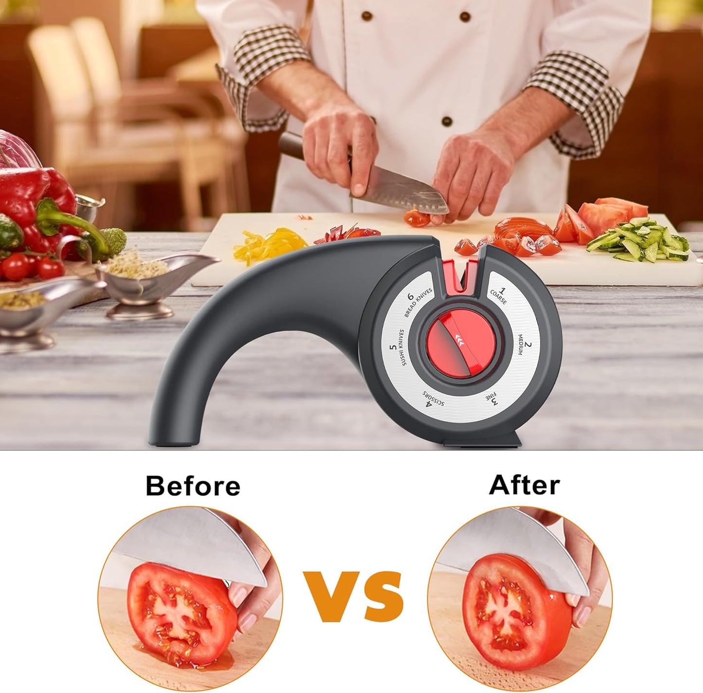 Aiguiseur de couteaux de cuisine 6 en 1 avec bouton rotatif multifonction - مسن سكاكين
