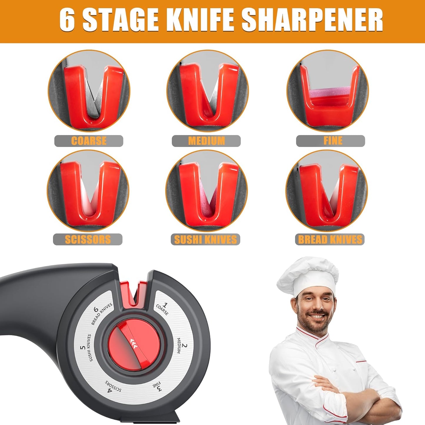 Aiguiseur de couteaux de cuisine 6 en 1 avec bouton rotatif multifonction - مسن سكاكين