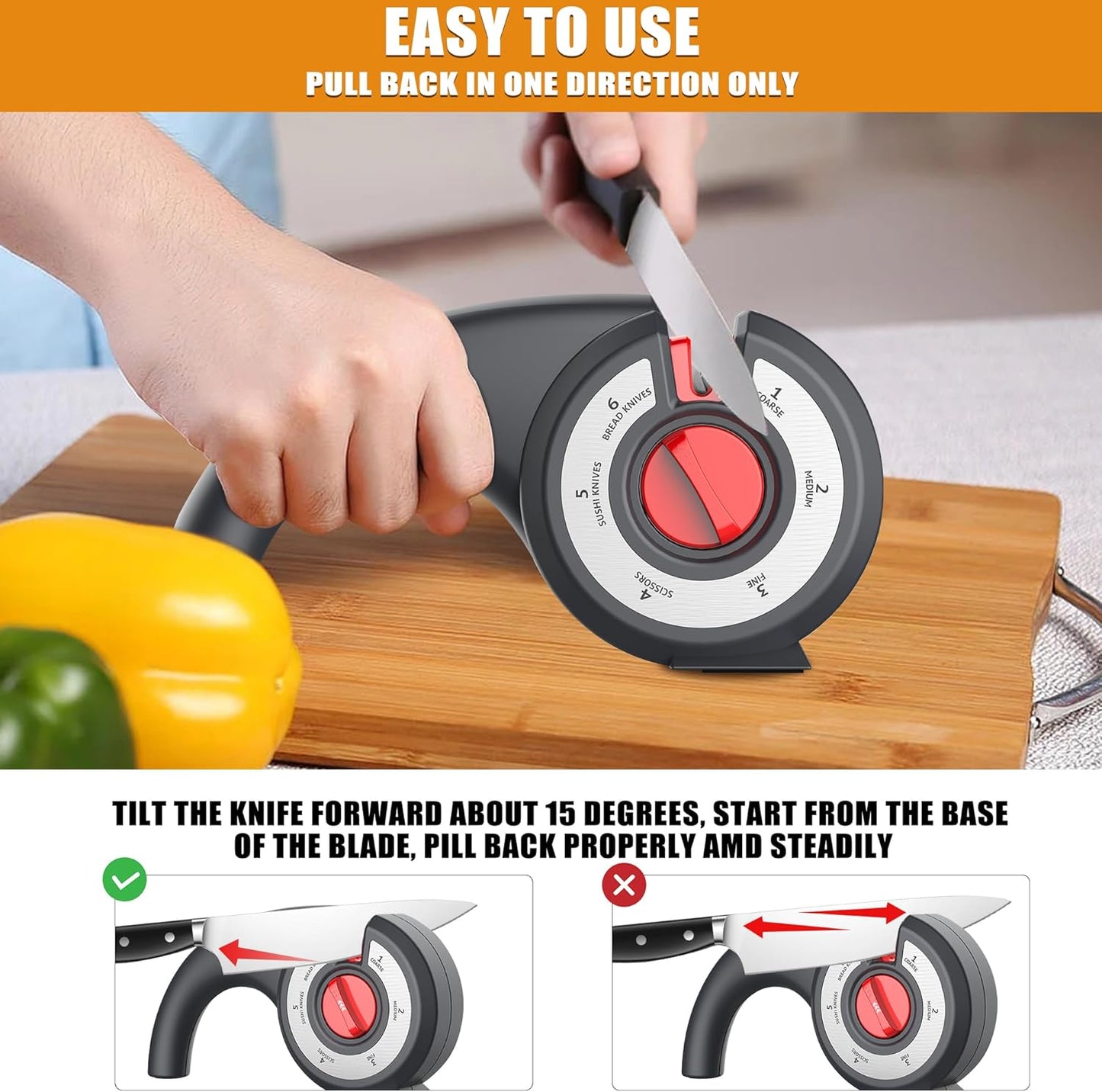 Aiguiseur de couteaux de cuisine 6 en 1 avec bouton rotatif multifonction - مسن سكاكين