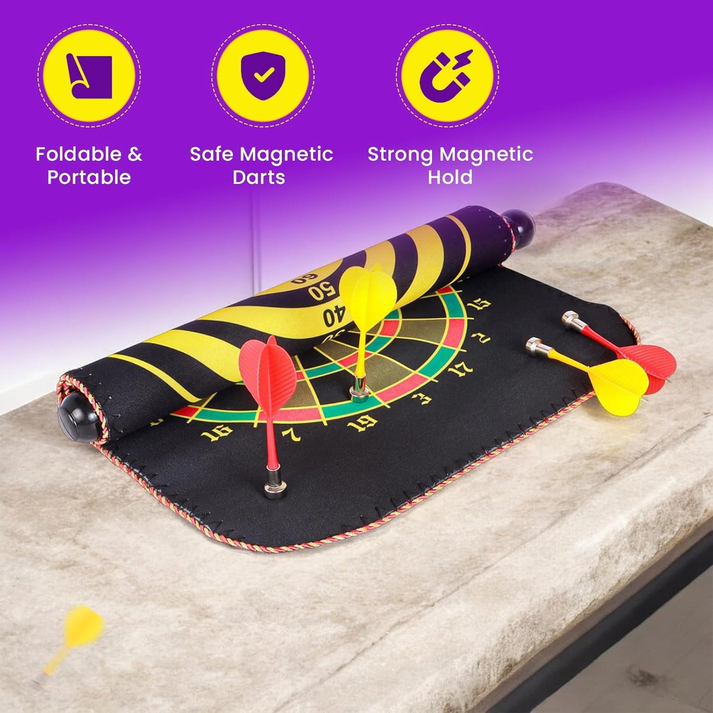 Jeu de fléchettes magnétique avec cible enroulable et suspendue avec 6 fléchettes incluses - لعبة رمي السهام