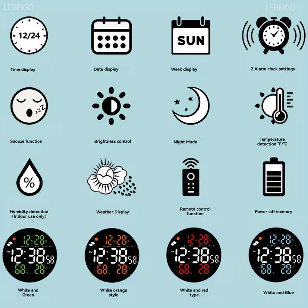 Horloge murale ronde avec télécommande et grand écran LED numérique DS-3853L - ساعة حائط دائرية تعمل بجهاز تحكم عن بعد مزودة بإضاءة رقمية