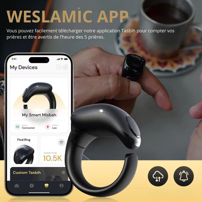 Anneau de Zikr Étanche avec Écran OLED iTasbih Faith+ Black - خاتم التسبيح الذكي المقاوم للماء بـ5 مقاسات