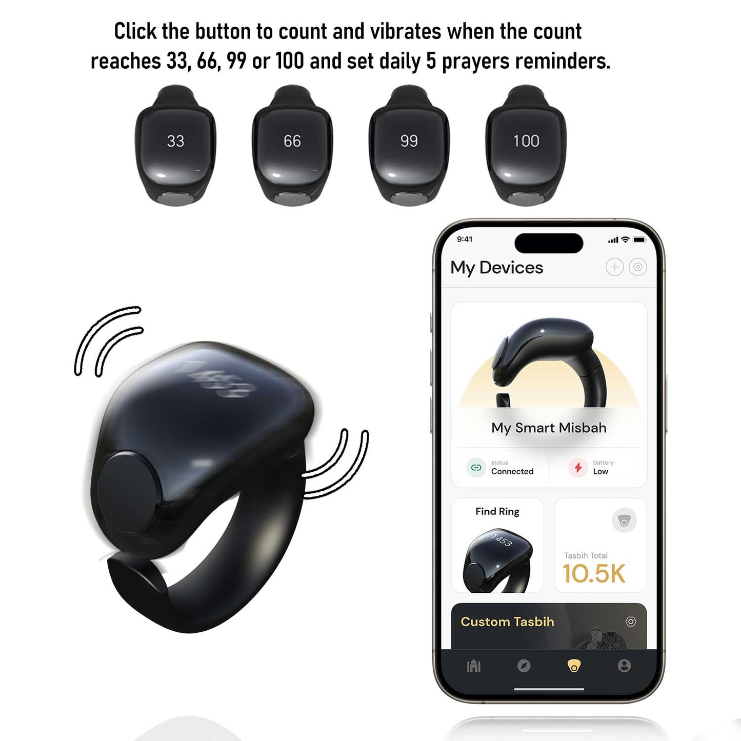 Anneau de Zikr Étanche avec Écran OLED iTasbih Faith+ Black - خاتم التسبيح الذكي المقاوم للماء بـ5 مقاسات