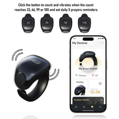 Anneau de Zikr Étanche avec Écran OLED iTasbih Faith+ Black - خاتم التسبيح الذكي المقاوم للماء بـ5 مقاسات
