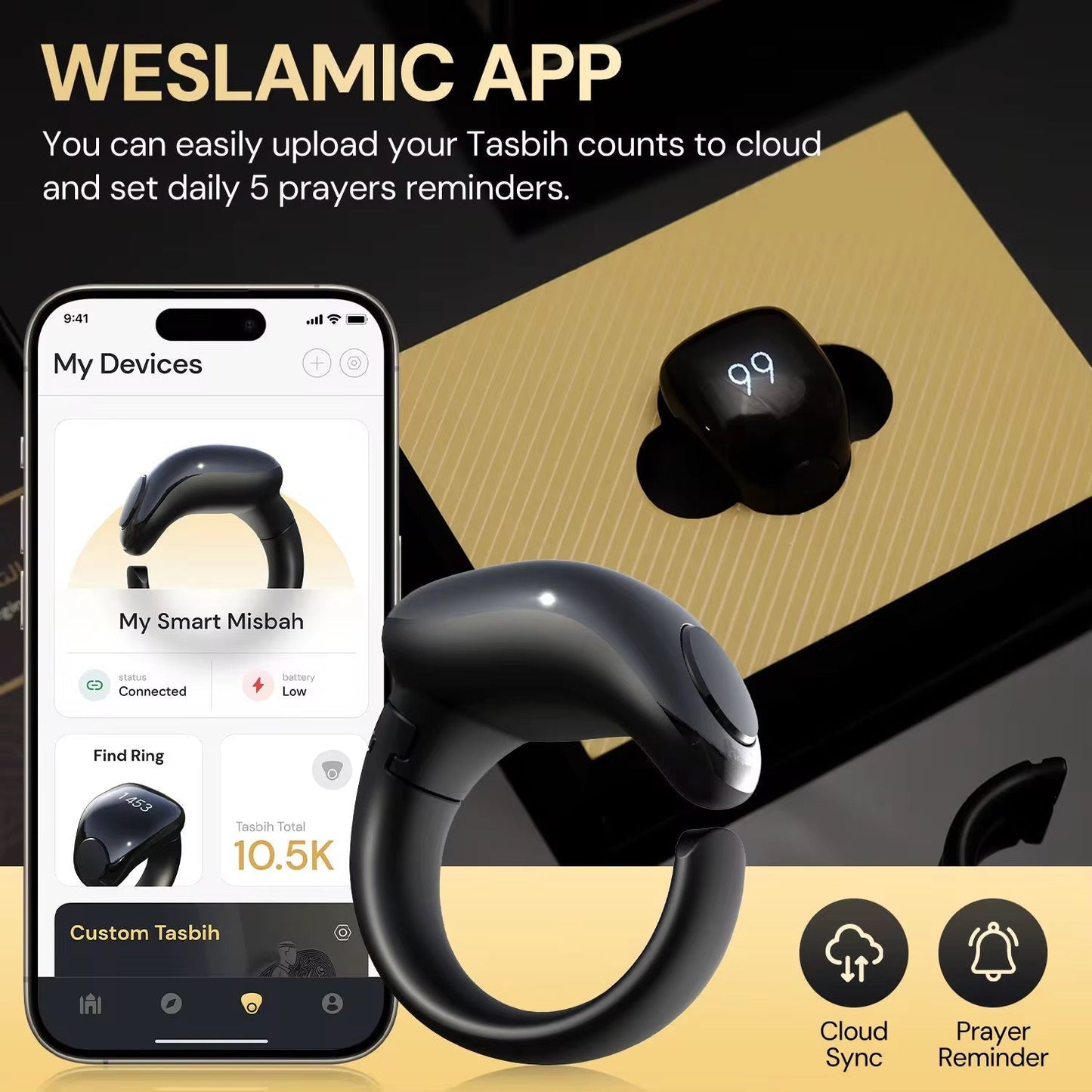 Anneau de Zikr Étanche avec Écran OLED iTasbih Salam+ - خاتم التسبيح الذكي المقاوم للماء بـ3 مقاسات