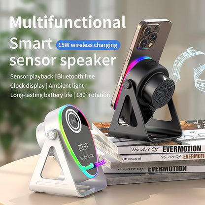 Haut-parleur Intelligent 4 en 1 à Induction et Support RGB - مكبر الصوت الذكي 4 في 1 وشاحن لاسلكي
