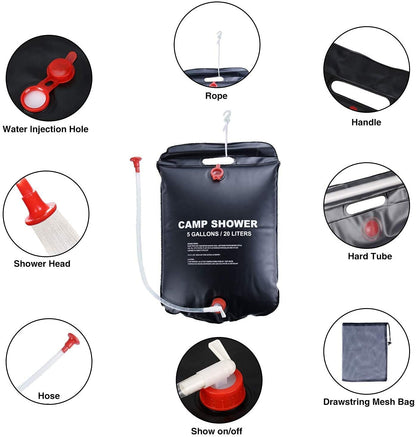 Sac de douche solaire avec pommeau de douche interchangeable 20L - حقيبة الاستحمام الشمسية المحمولة سعة 20 لتر