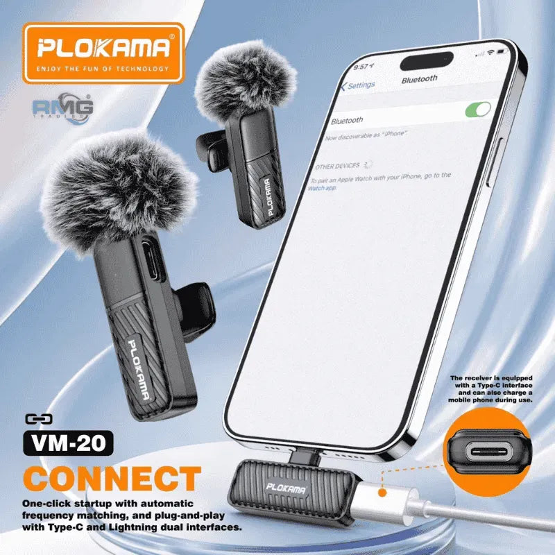 Microphone cravate sans fil Plokama VM-20 2,4 GHz - ارتقِ بصوتك إلى المستوى الاحترافي مع ميكروفون اللاسلكي المزدوج
