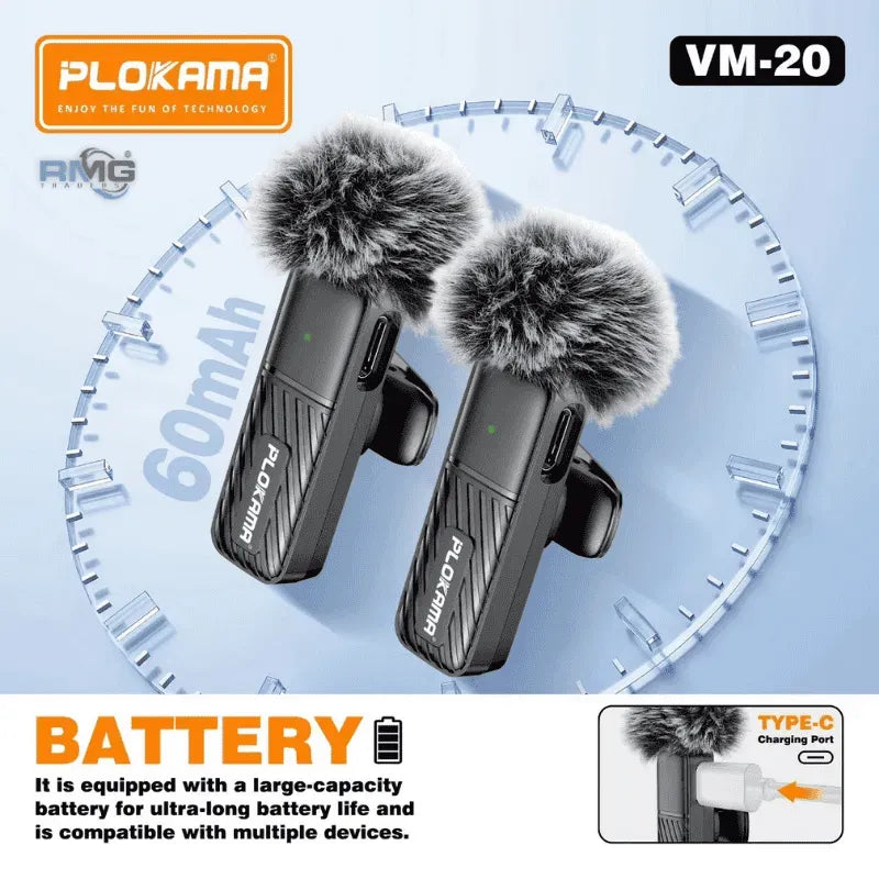 Microphone cravate sans fil Plokama VM-20 2,4 GHz - ارتقِ بصوتك إلى المستوى الاحترافي مع ميكروفون اللاسلكي المزدوج