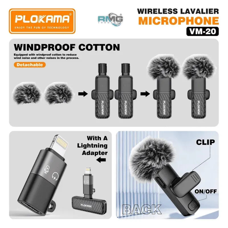 Microphone cravate sans fil Plokama VM-20 2,4 GHz - ارتقِ بصوتك إلى المستوى الاحترافي مع ميكروفون اللاسلكي المزدوج