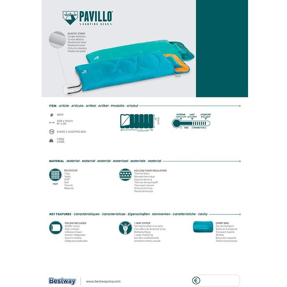 Pavillo Sac de Couchage Confortable avec Oreiller Gonflable 205x90cm Bestway 68101 - حقيبة نوم مريحة مع وسادة هوائية